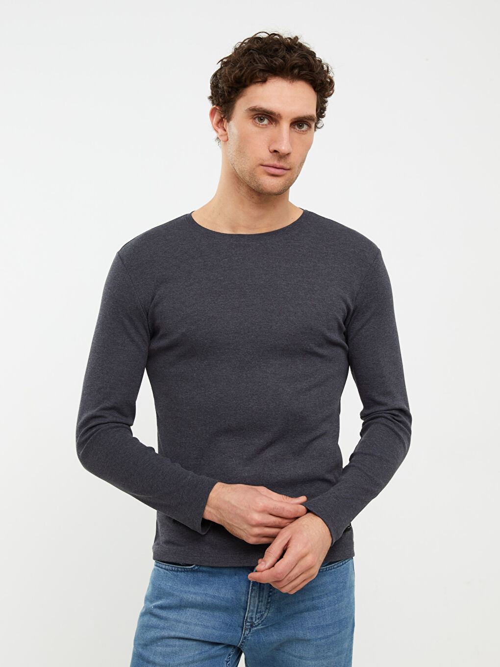 Antrasit Bisiklet Yaka Uzun Kollu Penye Erkek Tişört