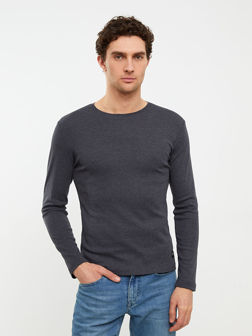 Antrasit Bisiklet Yaka Uzun Kollu Penye Erkek Tişört-1