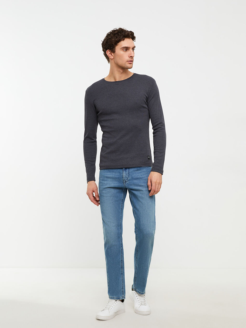 Antrasit Bisiklet Yaka Uzun Kollu Penye Erkek Tişört-2