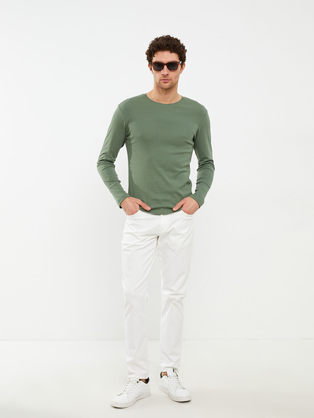 Yeşil Bisiklet Yaka Uzun Kollu Penye Erkek Tişört