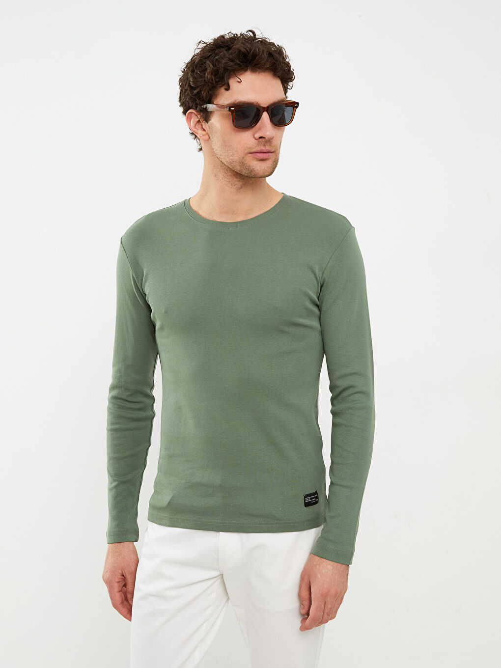 Yeşil Bisiklet Yaka Uzun Kollu Penye Erkek Tişört-1