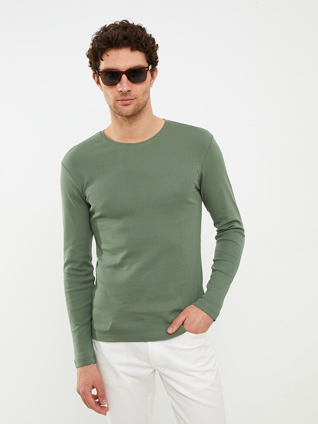 Yeşil Bisiklet Yaka Uzun Kollu Penye Erkek Tişört-2