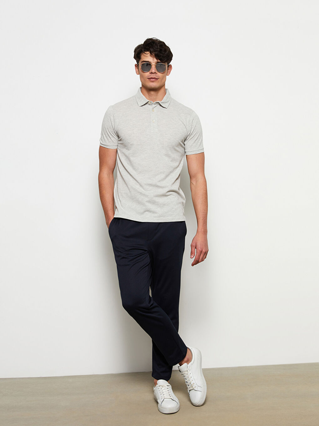 Gri Polo Yaka Kısa Kollu Pike Erkek Tişört-1