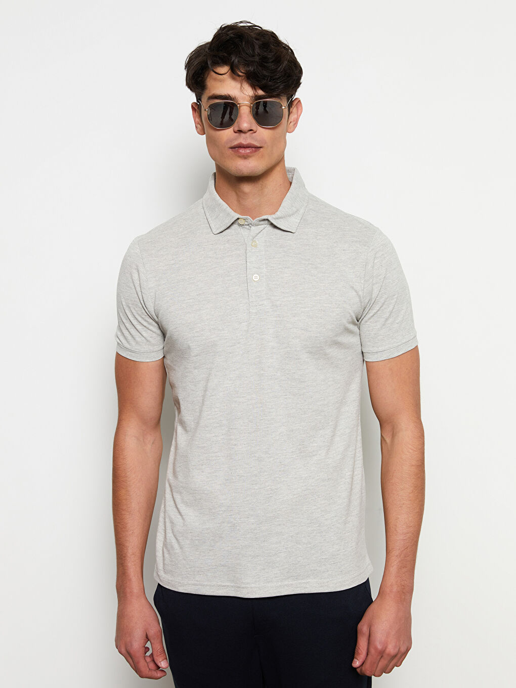 Gri Polo Yaka Kısa Kollu Pike Erkek Tişört-2