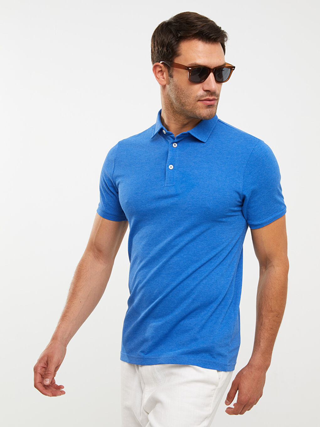 Mavi Polo Yaka Kısa Kollu Pike Erkek Tişört-1