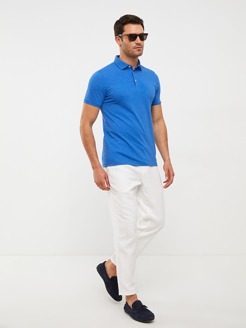 Mavi Polo Yaka Kısa Kollu Pike Erkek Tişört-2