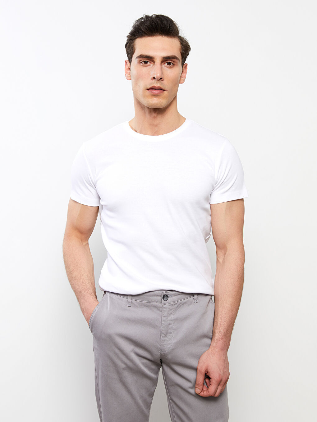 Beyaz Bisiklet Yaka Penye Erkek Tişört-2