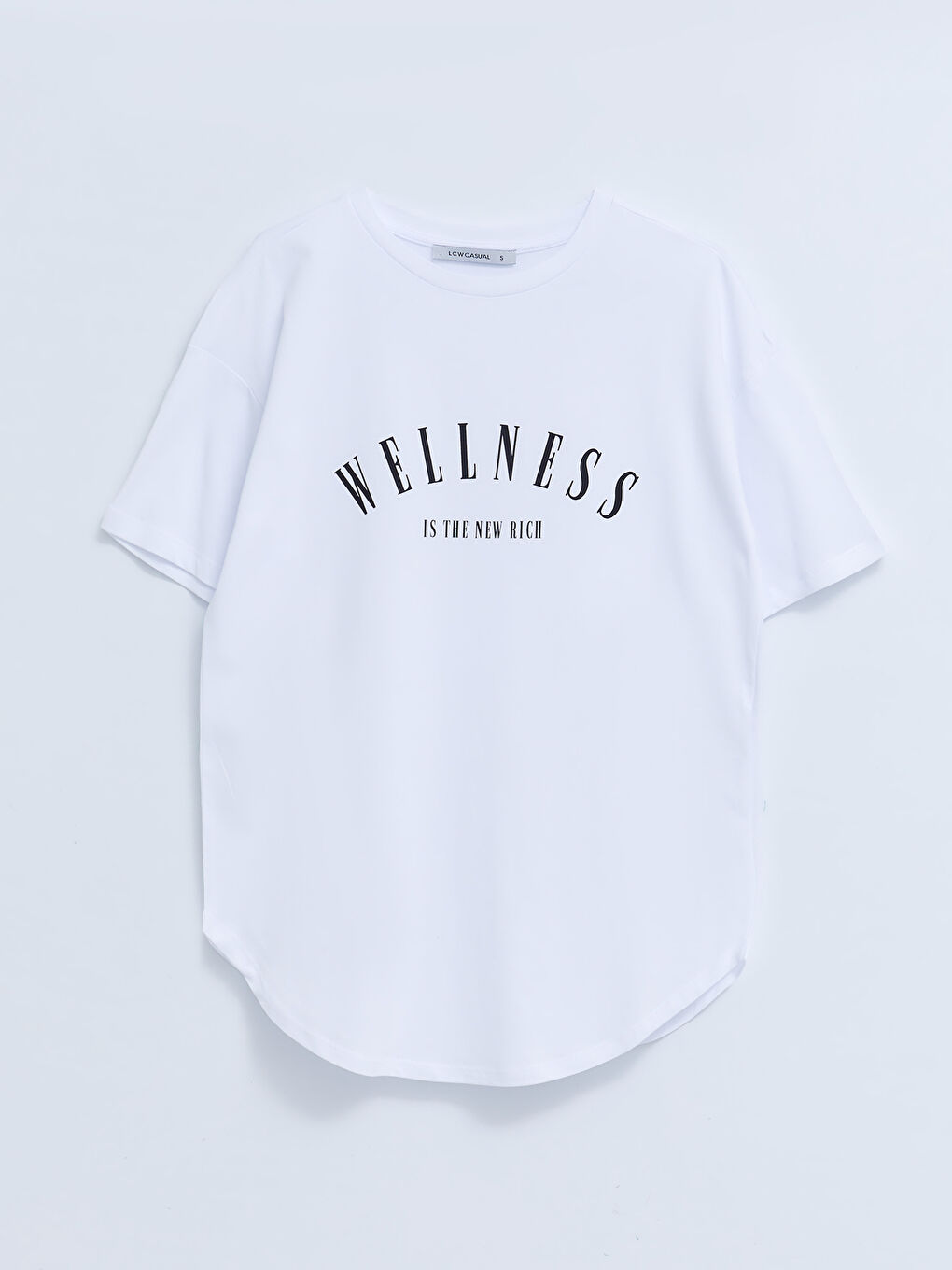 Beyaz Bisiklet Yaka Baskılı Kısa Kollu Pamuklu Kadın Tişört-5