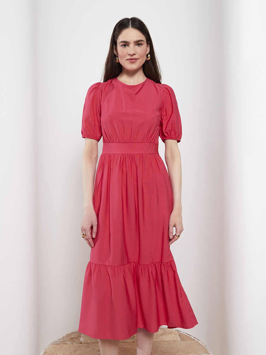 Fuşya Bisiklet Yaka Düz Kısa Kollu Kadın Elbise-1