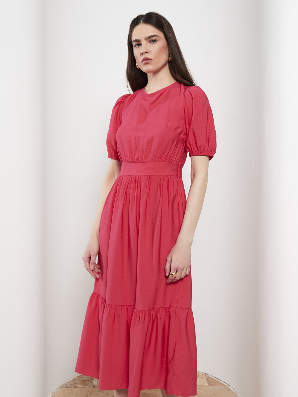 Fuşya Bisiklet Yaka Düz Kısa Kollu Kadın Elbise-2