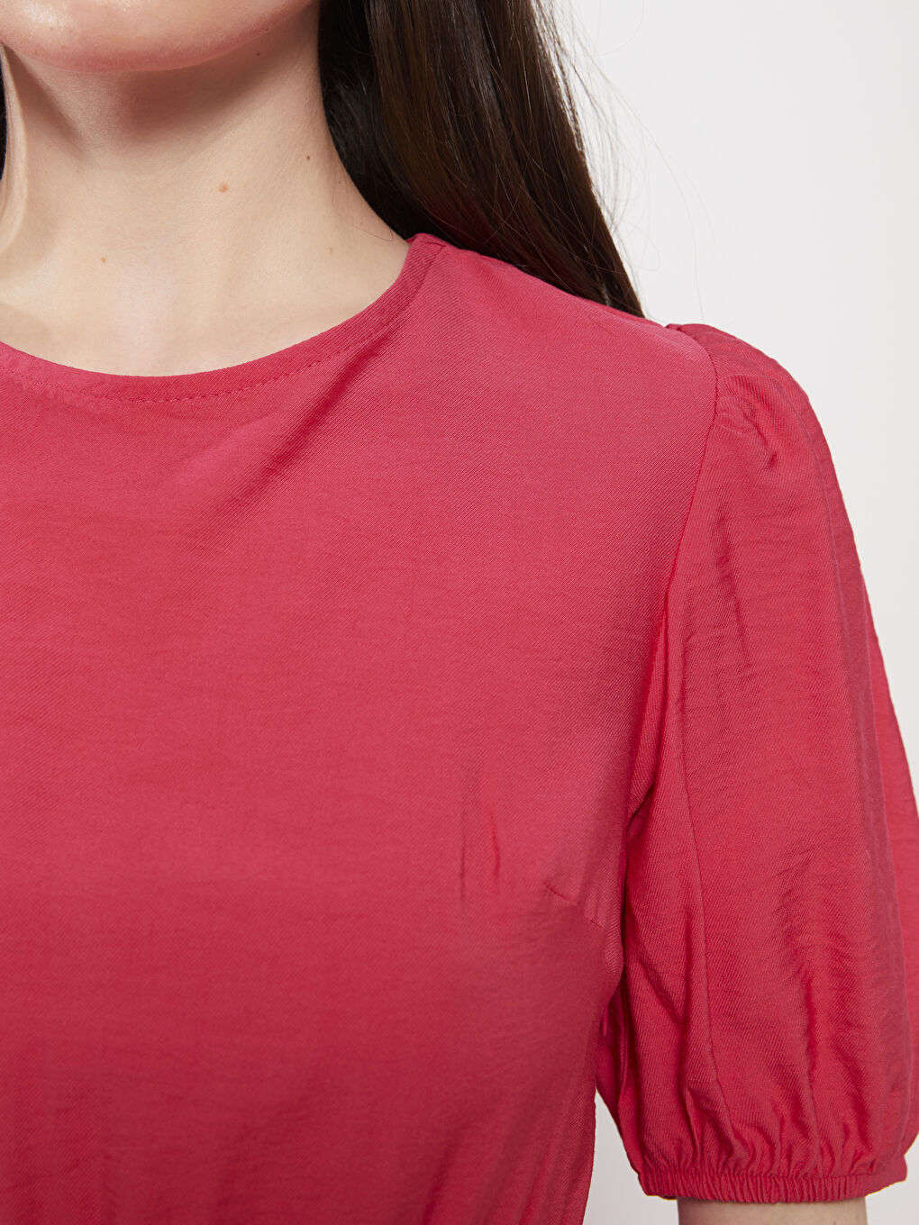 Fuşya Bisiklet Yaka Düz Kısa Kollu Kadın Elbise-3