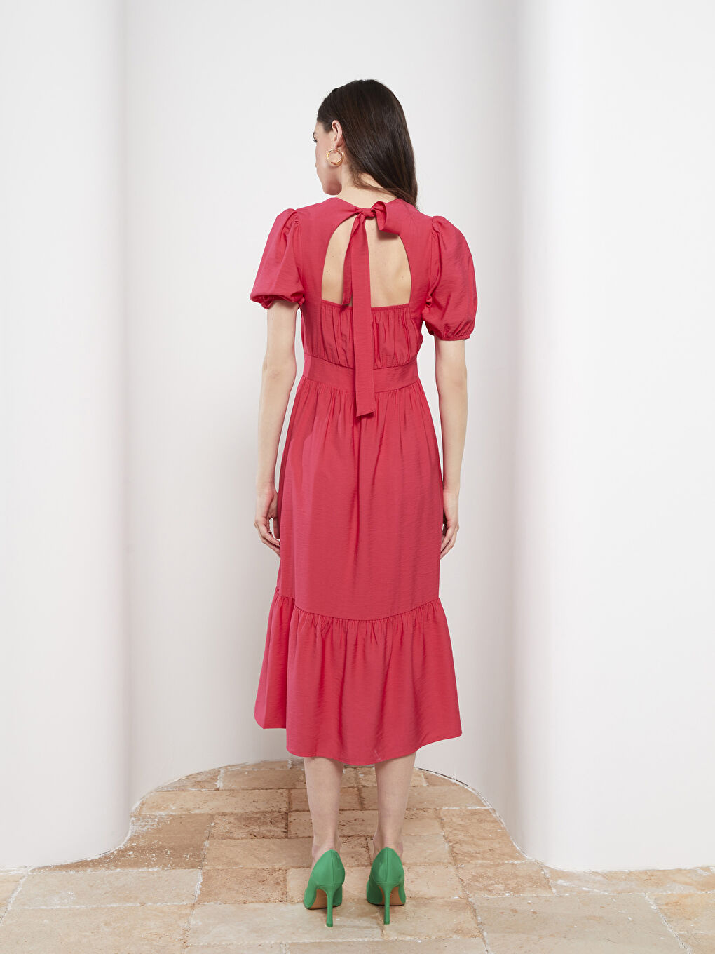 Fuşya Bisiklet Yaka Düz Kısa Kollu Kadın Elbise-4