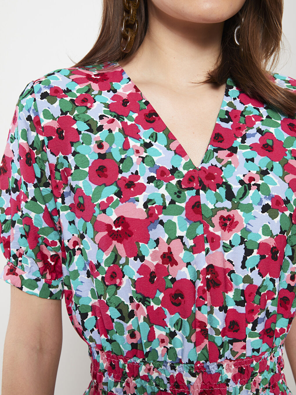 Pembe V Yaka Çiçekli Kısa Kollu Kadın Elbise-3