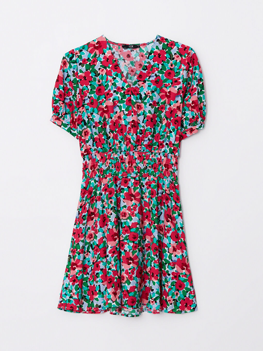 Pembe V Yaka Çiçekli Kısa Kollu Kadın Elbise-5