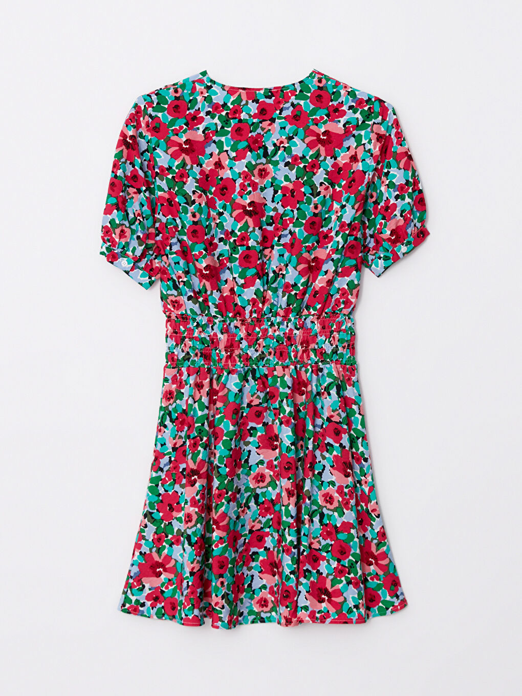 Pembe V Yaka Çiçekli Kısa Kollu Kadın Elbise-6