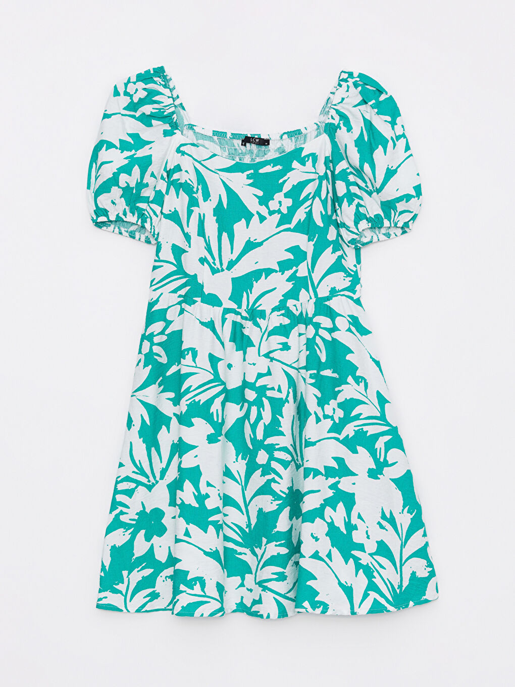 Yeşil Kare Yaka Desenli Kısa Kollu Kadın Elbise-5