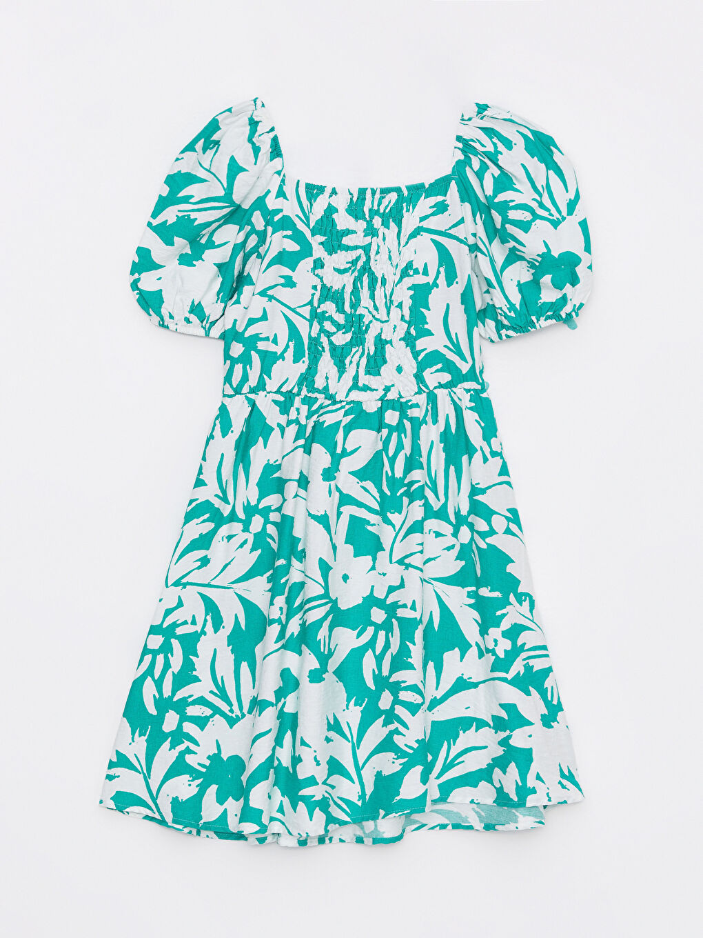 Yeşil Kare Yaka Desenli Kısa Kollu Kadın Elbise-6