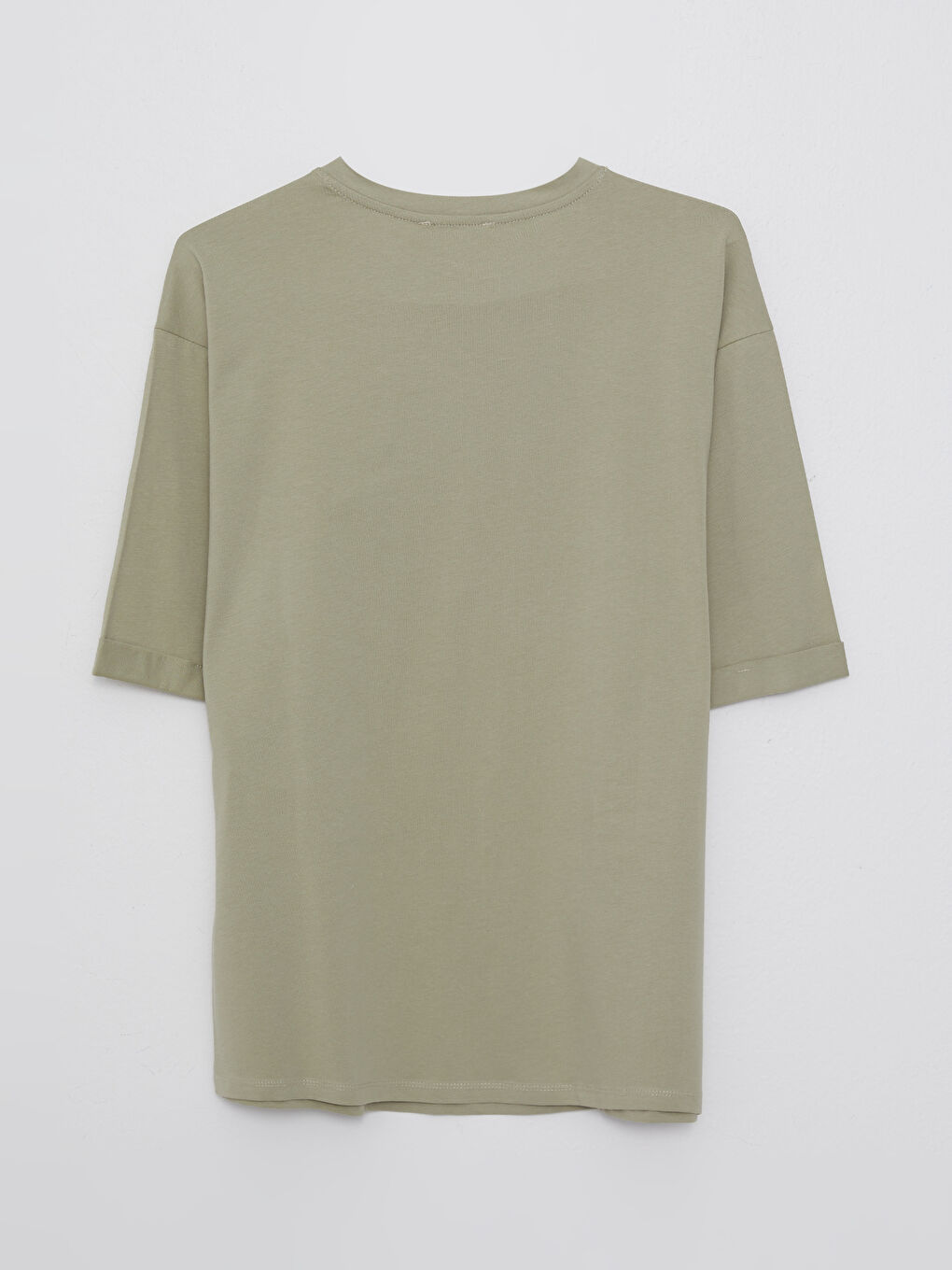 Yeşil Bisiklet Yaka Düz Kısa Kollu Pamuklu Kadın Tişört-1