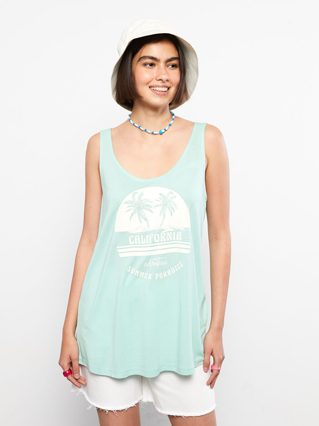 Yeşil U Yaka Baskılı Viskon Kadın Atlet-2