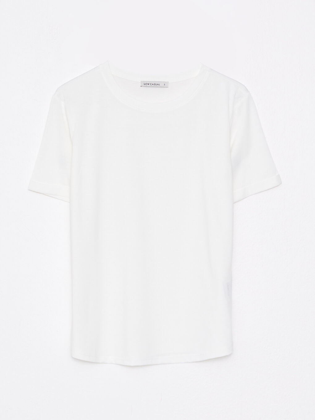 Ekru Bisiklet Yaka Düz Kısa Kollu Kadın Tişört-5