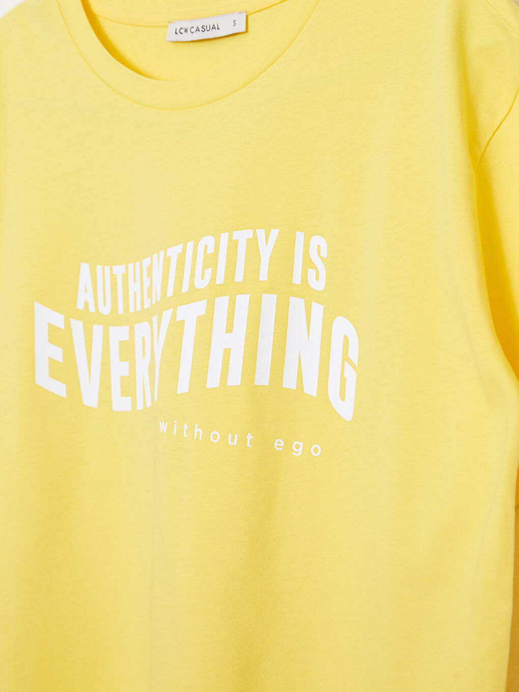 Sarı Bisiklet Yaka Baskılı Kısa Kollu Pamuklu Kadın Tişört-6