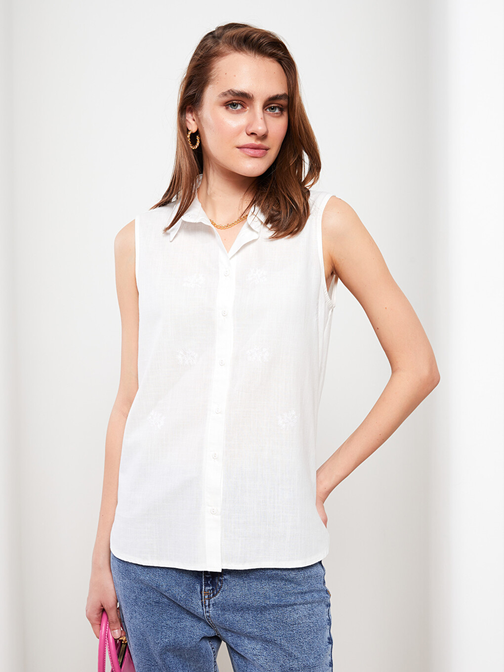 Front Button Closure Embroidered Sleeveless Cotton Women's Shirt