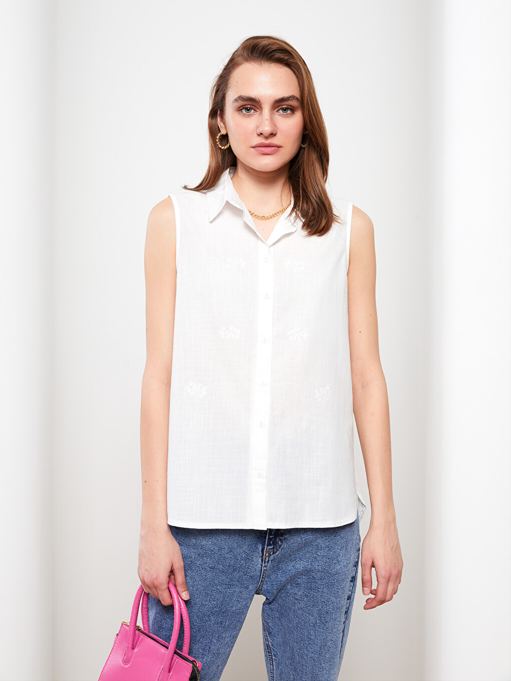 Front Button Closure Embroidered Sleeveless Cotton Women's Shirt-2