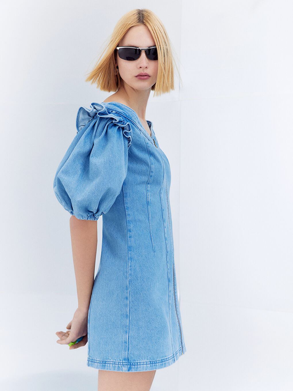 İndigo BALON KOLLU KADIN JEAN ELBİSE-3