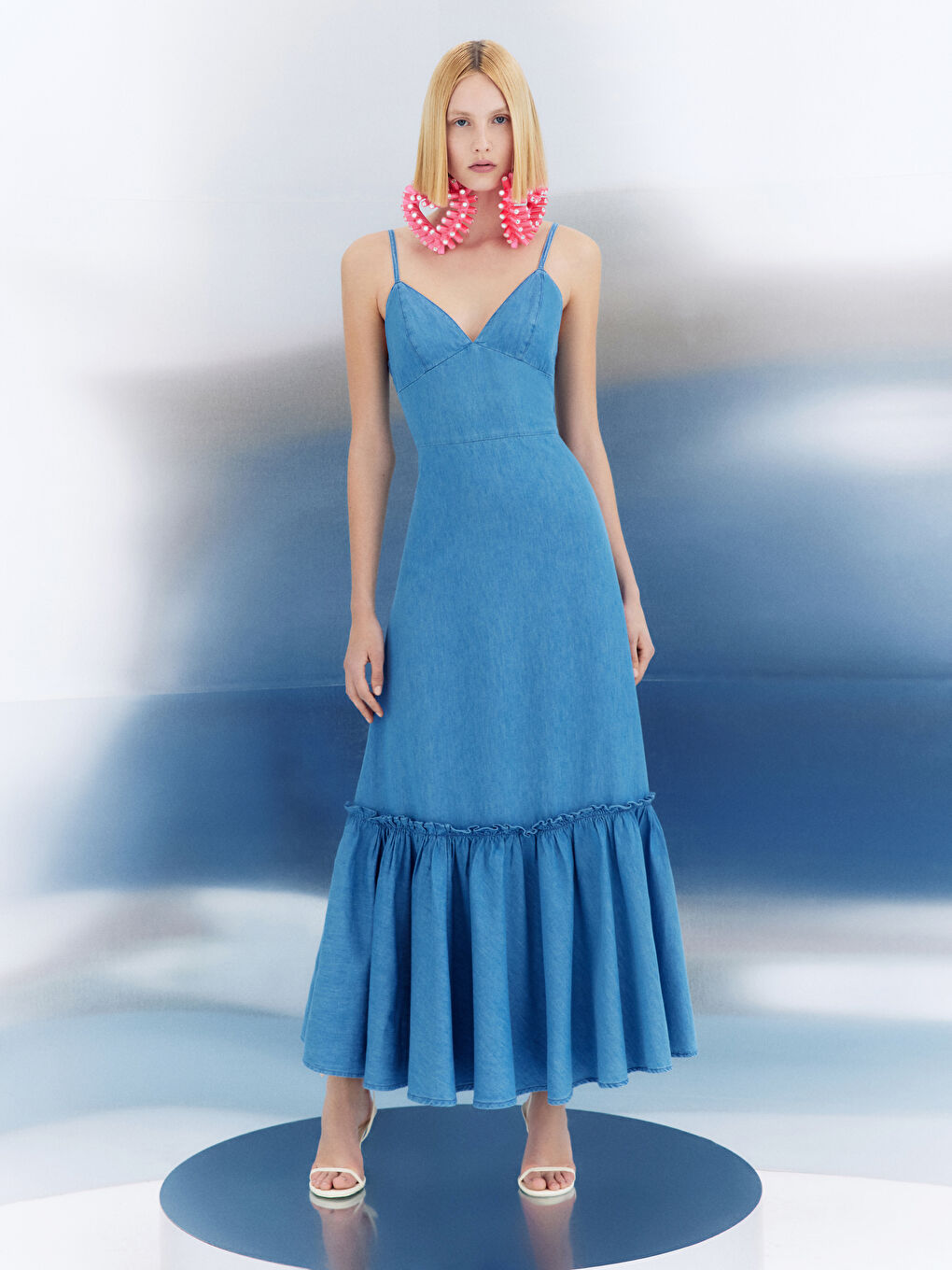 İndigo ETEK UCU FIRFIRLI KADIN UZUN JEAN ELBİSE-1