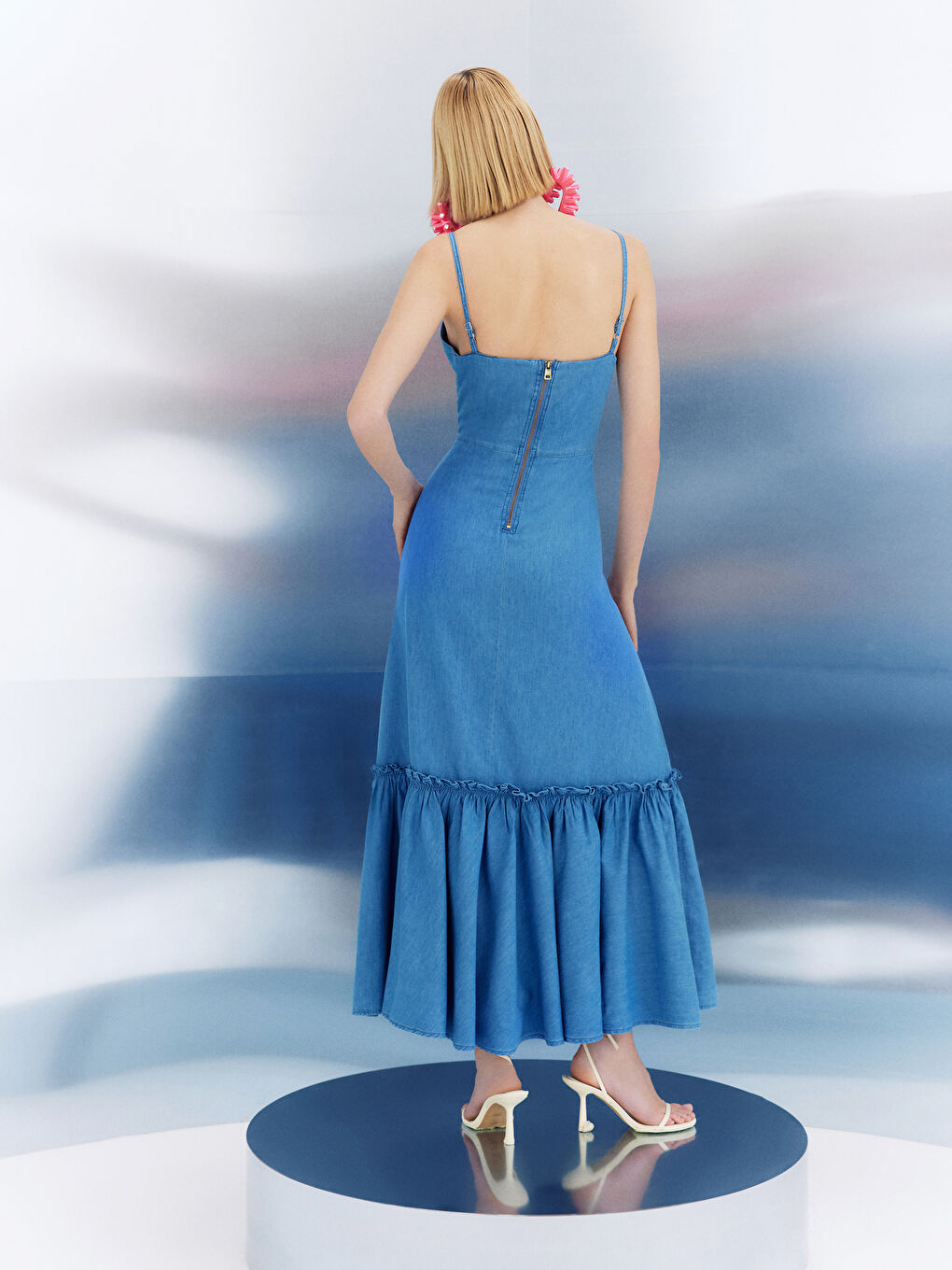 İndigo ETEK UCU FIRFIRLI KADIN UZUN JEAN ELBİSE-4