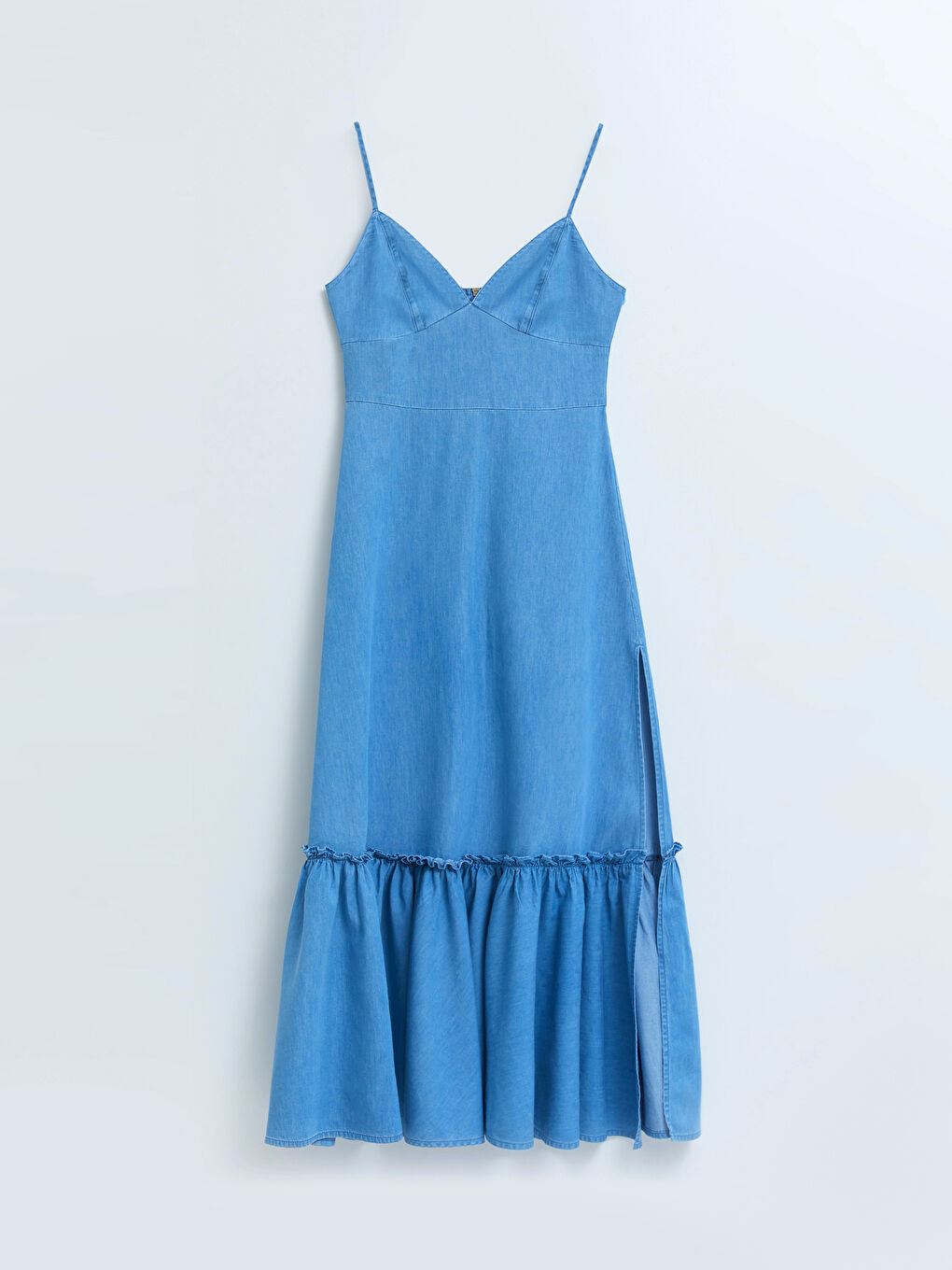 İndigo ETEK UCU FIRFIRLI KADIN UZUN JEAN ELBİSE-5