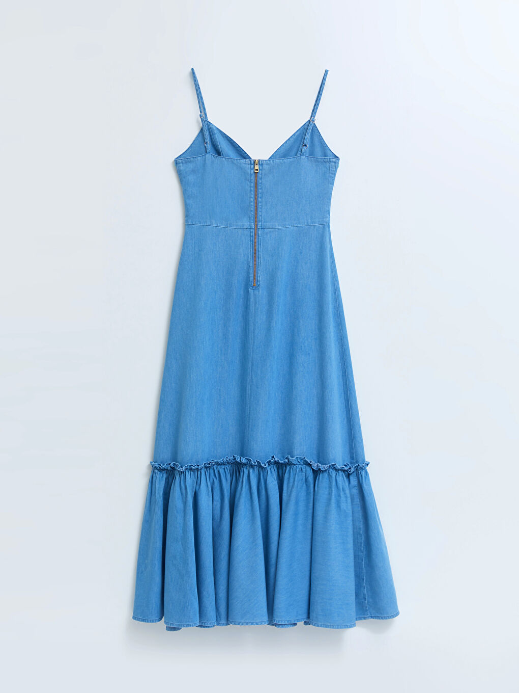 İndigo ETEK UCU FIRFIRLI KADIN UZUN JEAN ELBİSE-6