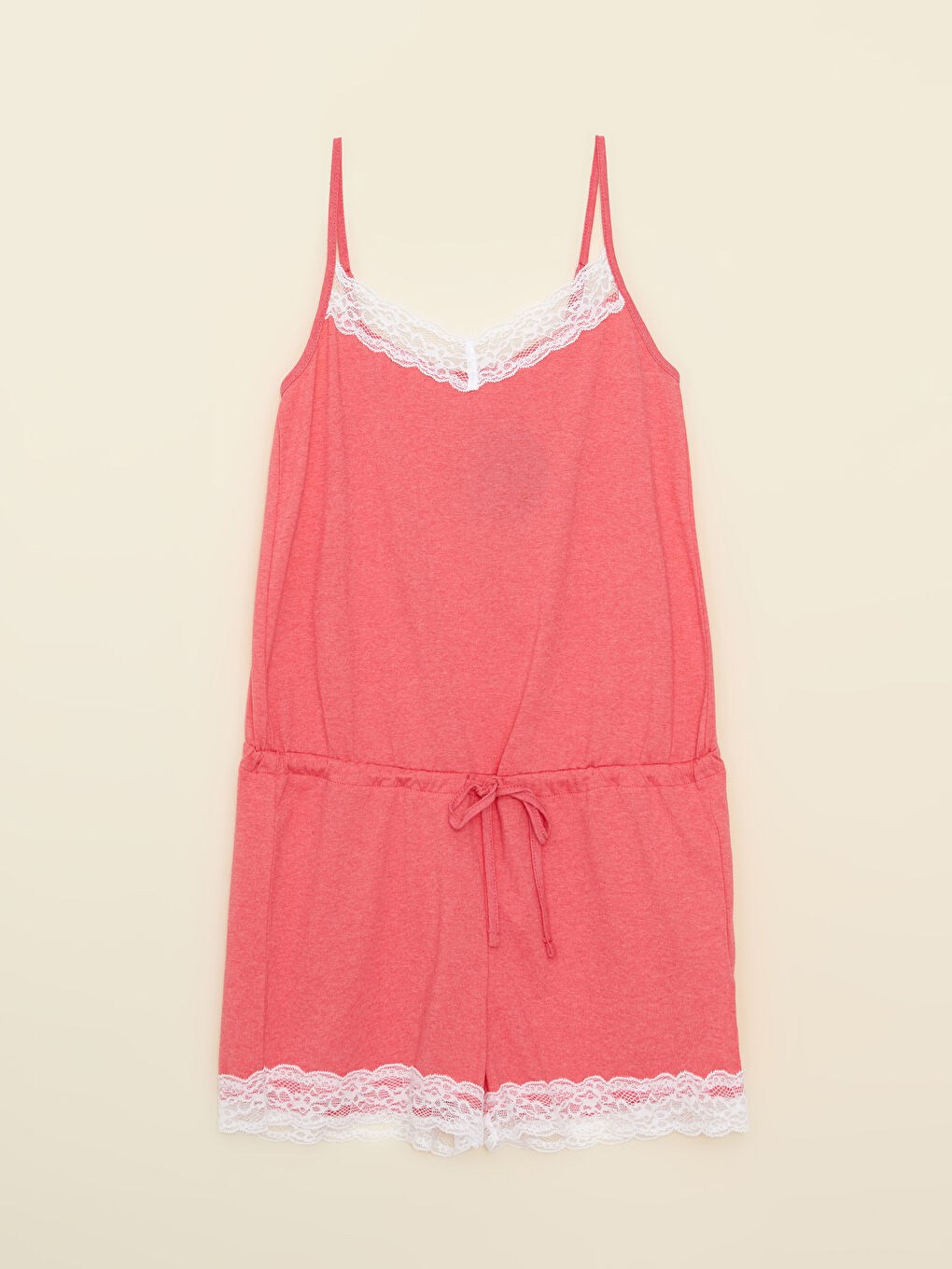 Pembe V Yaka Dantel Detaylı Askılı Kadın Şortlu Tulum Pijama-5
