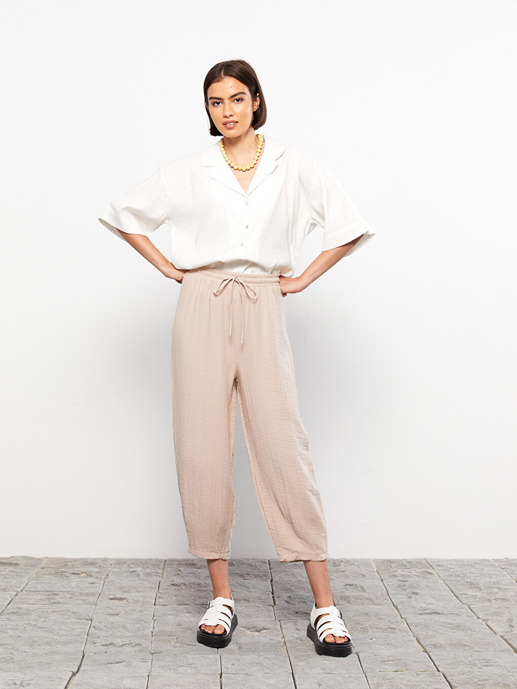 Elastic Waist Standard Fit Straight Muslin Women's Trousers-1