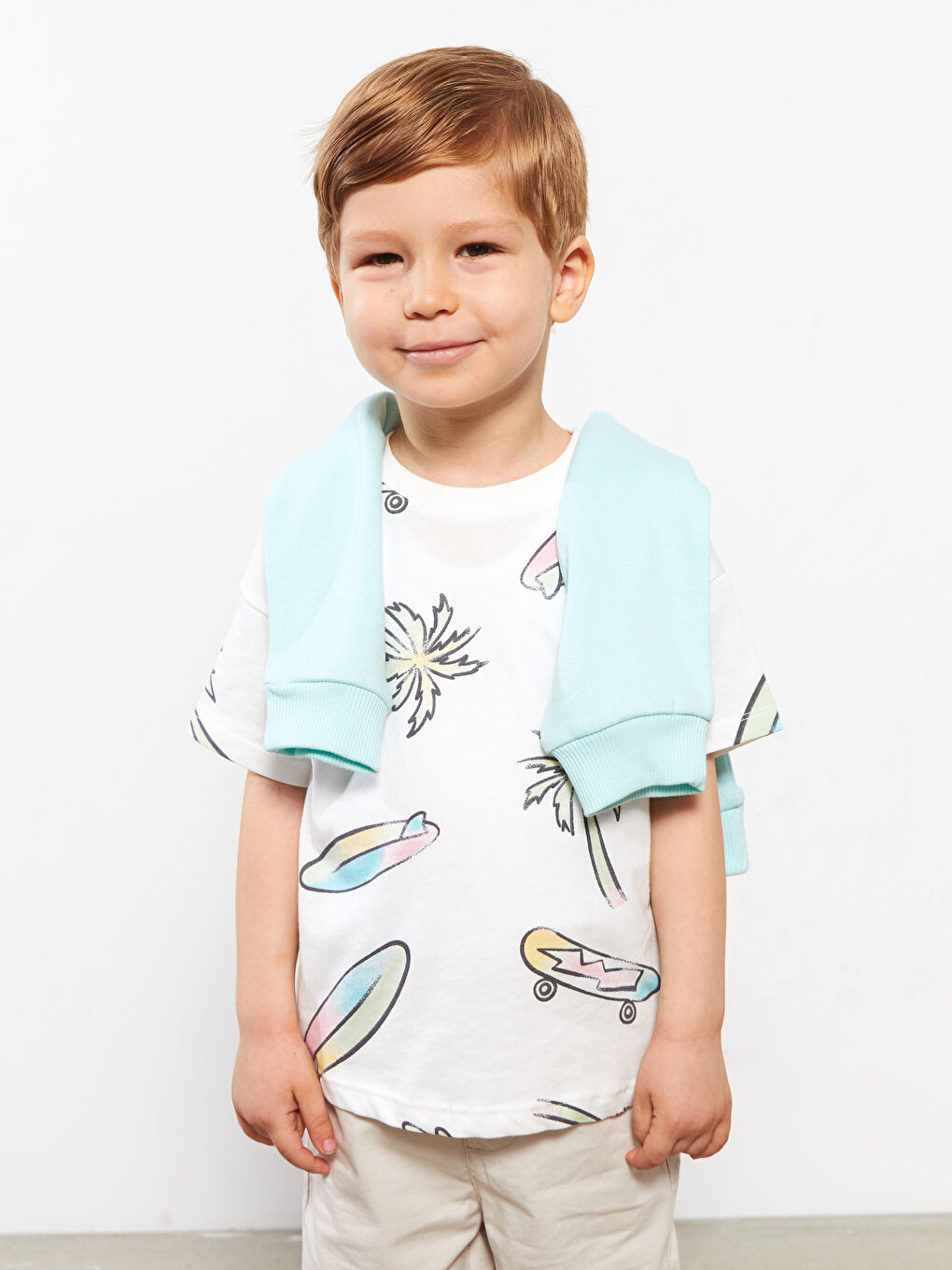 Ekru Bisiklet Yaka Kısa Kol Baskılı Pamuklu Erkek Bebek Tişört