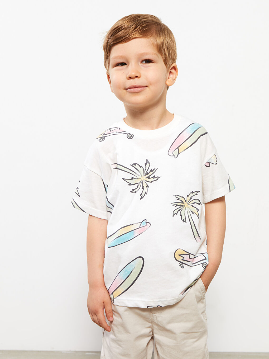 Ekru Bisiklet Yaka Kısa Kol Baskılı Pamuklu Erkek Bebek Tişört-2