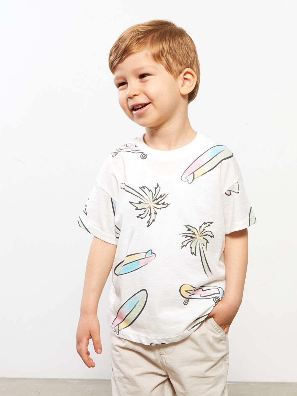 Ekru Bisiklet Yaka Kısa Kol Baskılı Pamuklu Erkek Bebek Tişört-6