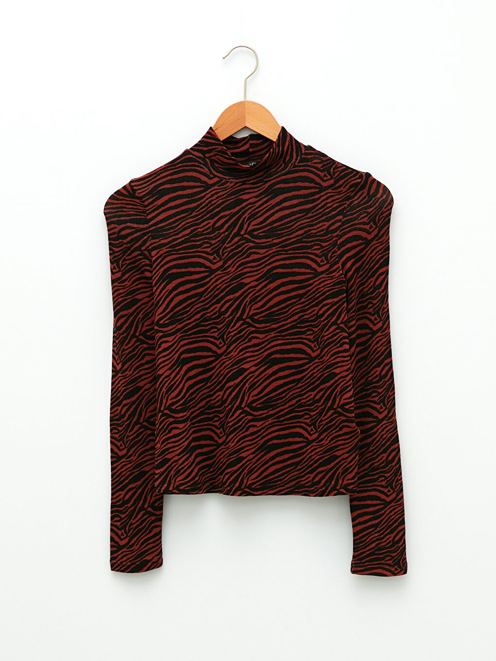 Kahverengi Dik Yaka Desenli Uzun Kollu Kadın Tişört-7