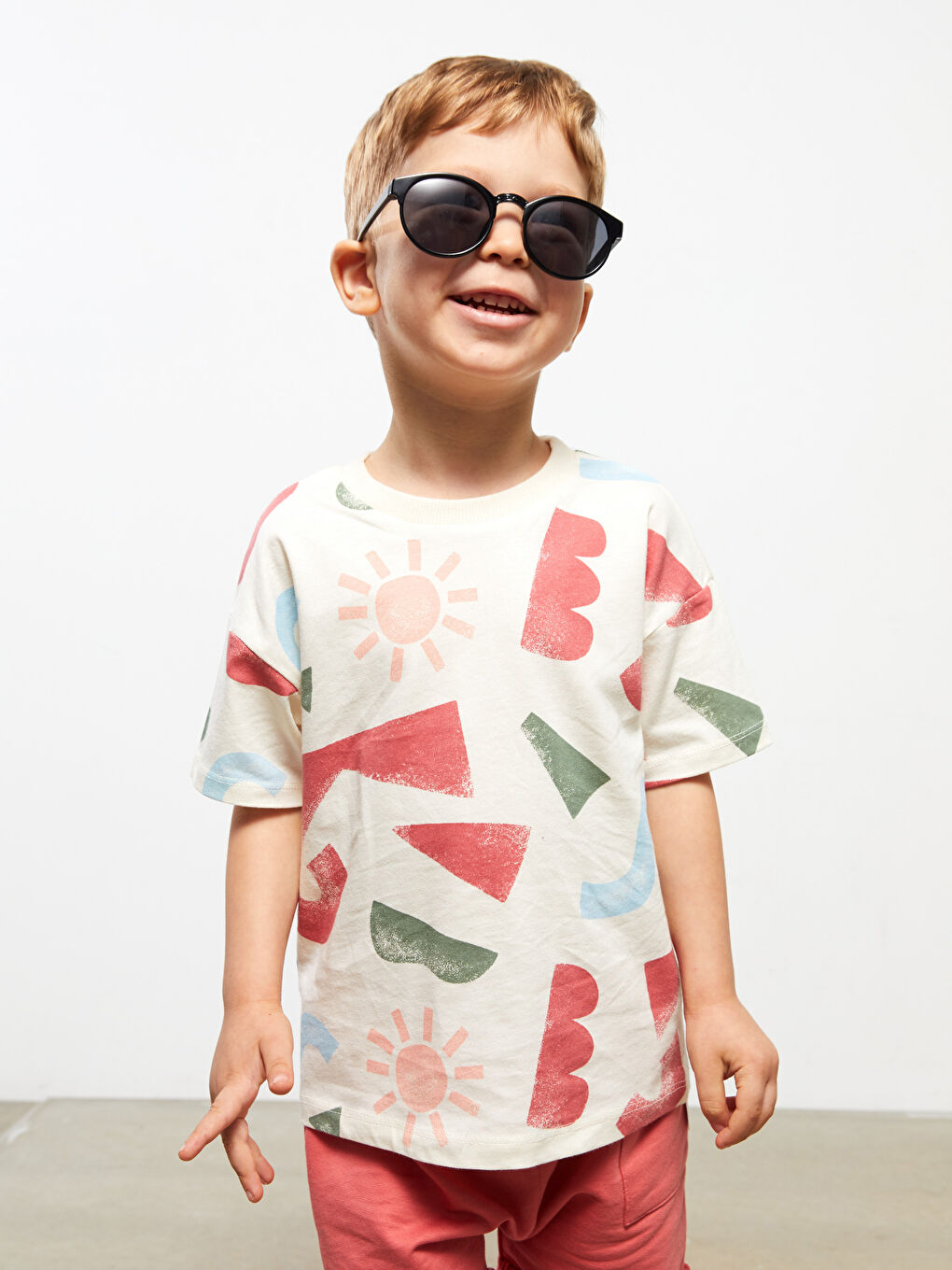 Ekru Bisiklet Yaka Kısa Kollu Erkek Bebek Tişört ve Şort 2'li Takım-1