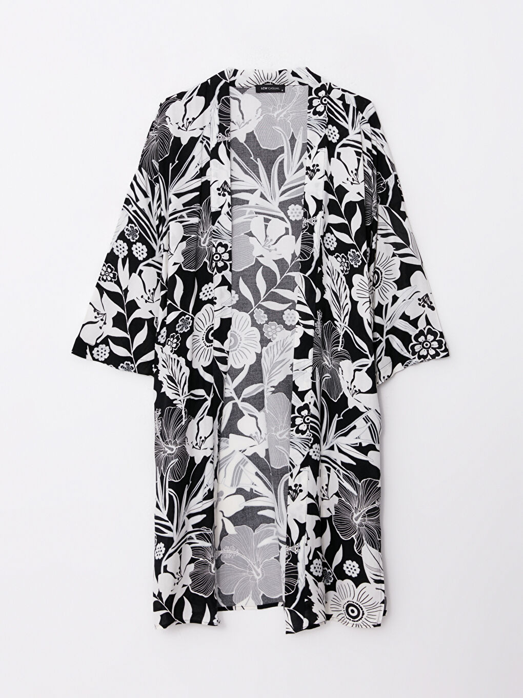 Siyah Şal Yaka Desenli Uzun Kollu Viskon Kadın Kimono-4