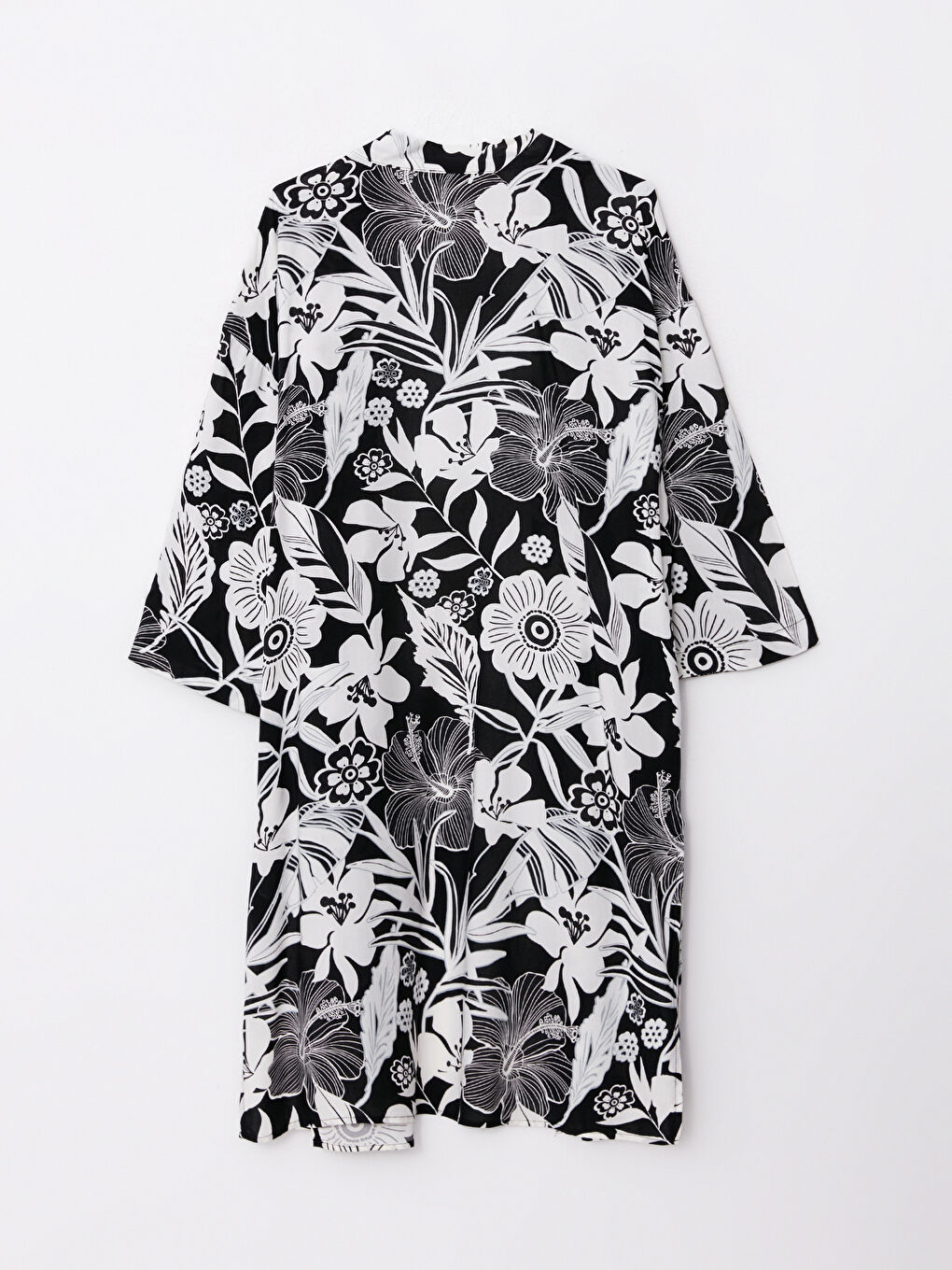 Siyah Şal Yaka Desenli Uzun Kollu Viskon Kadın Kimono-5