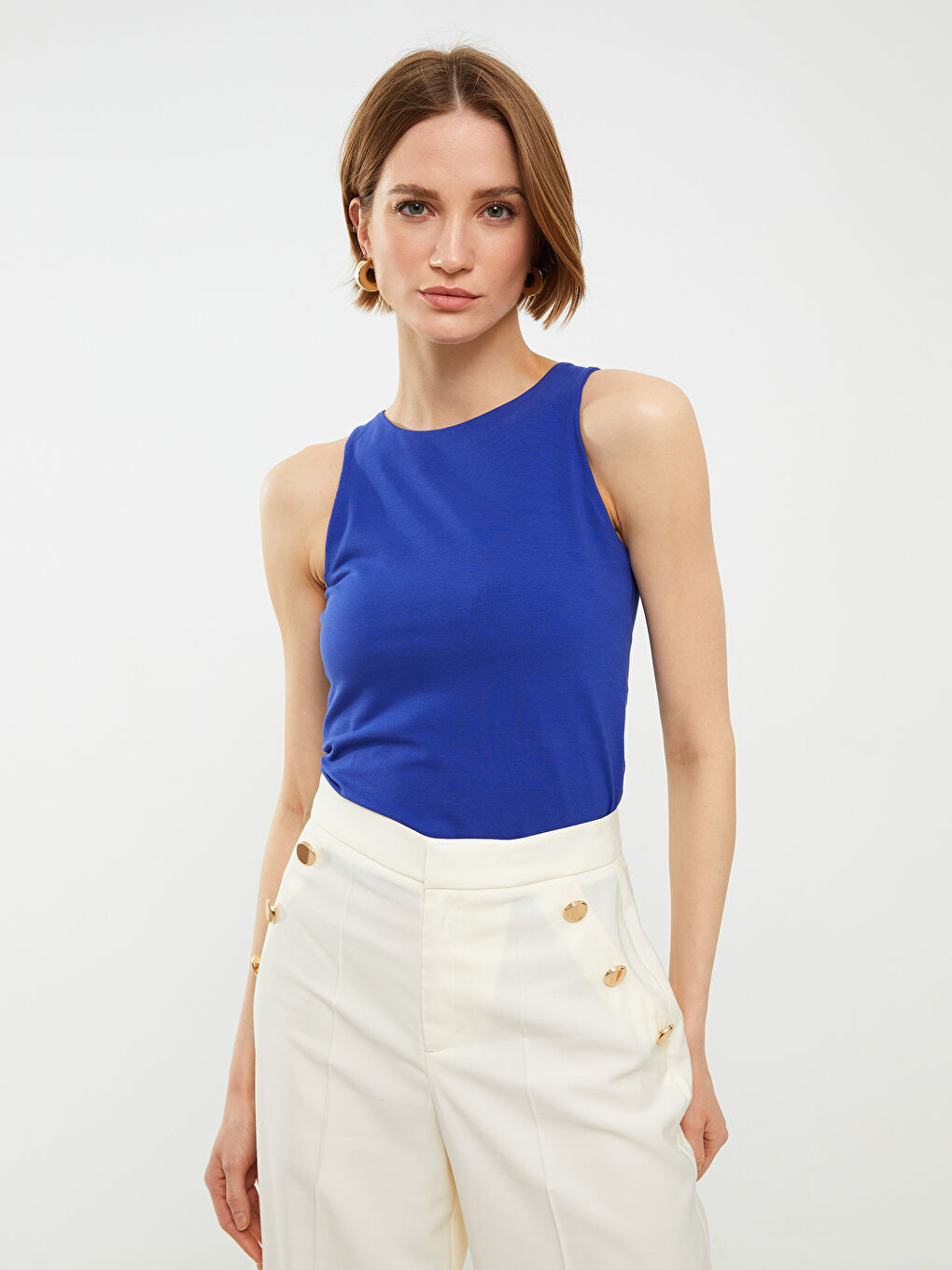 قميص داخلي بدون أكمام قطن سادة بياقة دائرية للسيدات-2