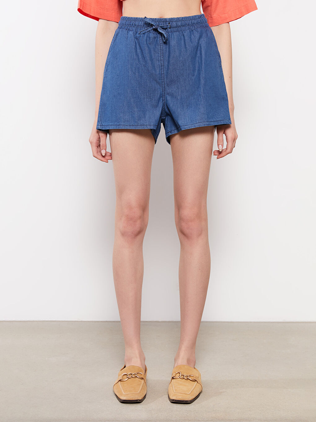 Elastic Waist Straight Pocket Detailed Rodeo Jean Shorts For Women-2