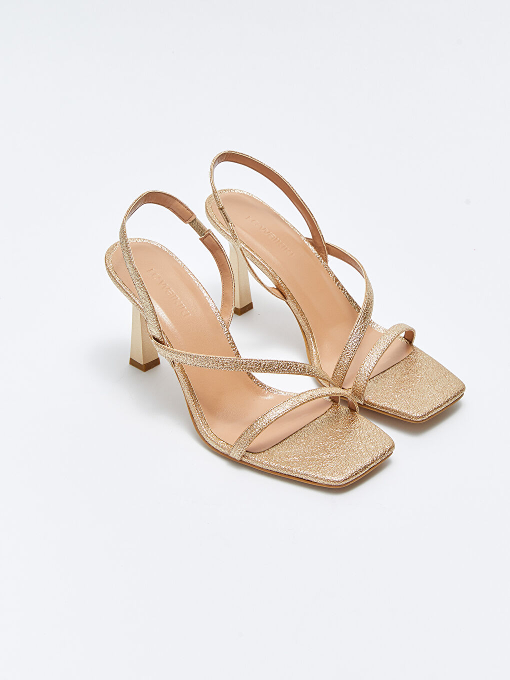 Sarı Deri Görünümlü Çapraz Bantlı Kadın Topuklu Ayakkabı