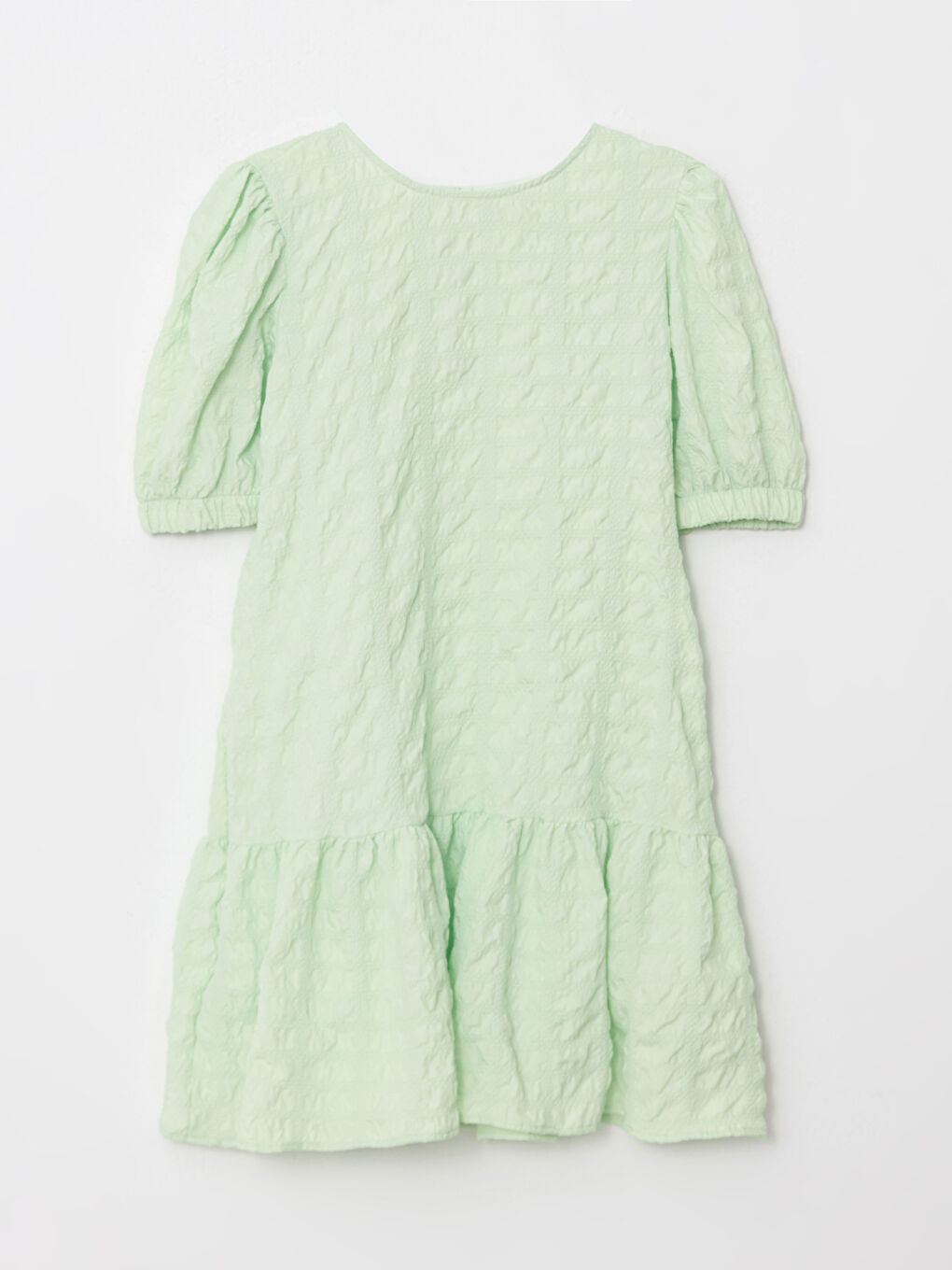 Yeşil Bisiklet Yaka Kendinden Desenli Kısa Kollu Gofre Elbise-4