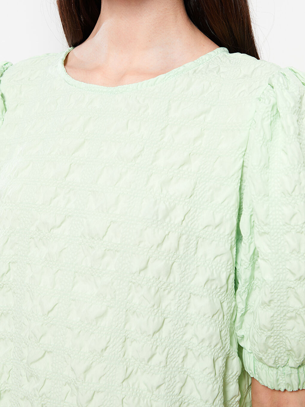 Yeşil Bisiklet Yaka Kendinden Desenli Kısa Kollu Gofre Elbise-2