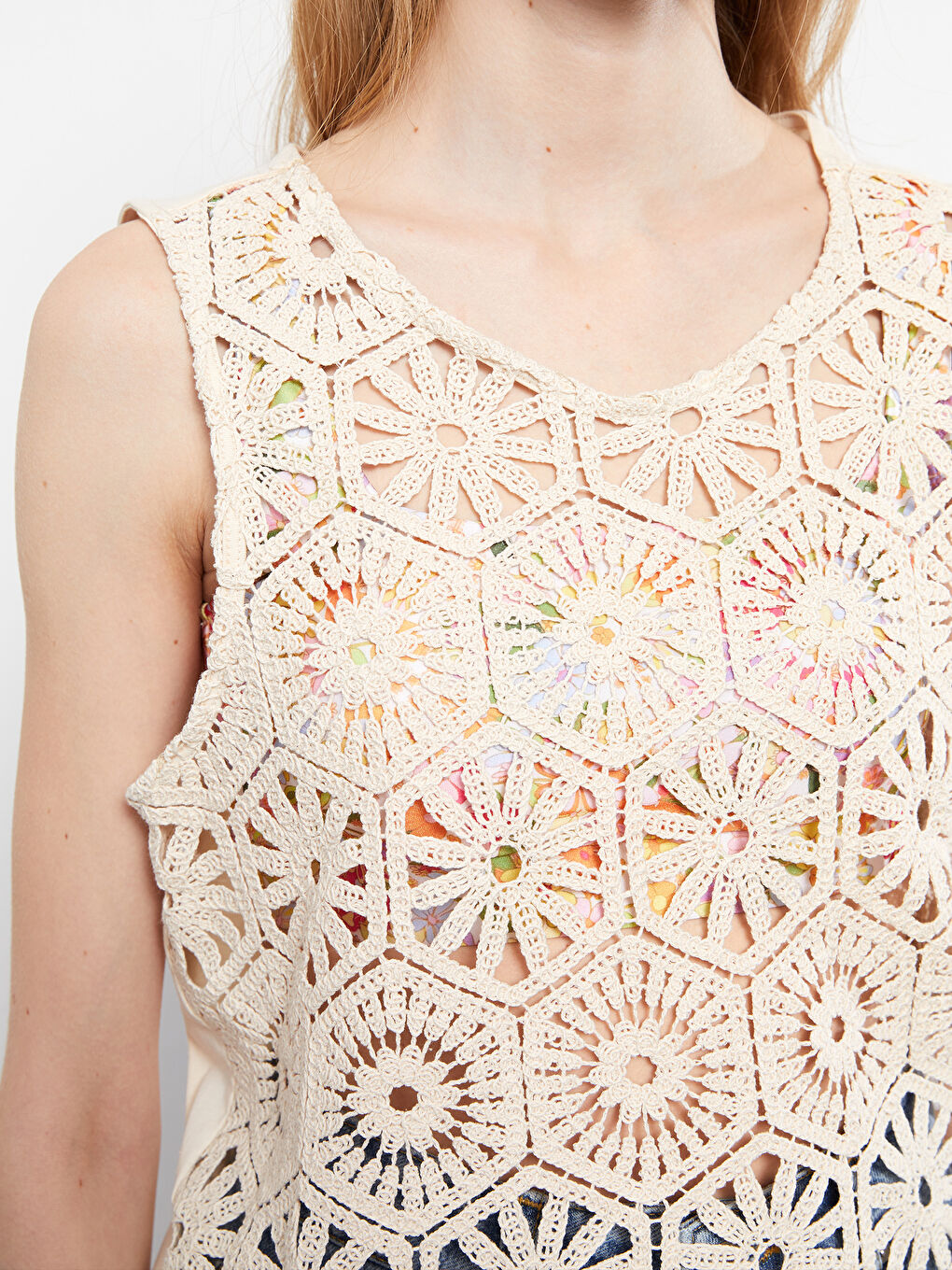 Bej Bisiklet Yaka Dantelli Kadın Kroşe Bluz-3