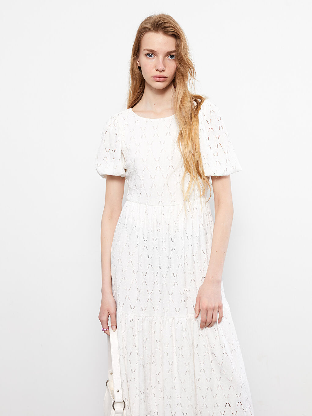 Beyaz Bisiklet Yaka Dantelli Kısa Kollu Kadın Elbise-2