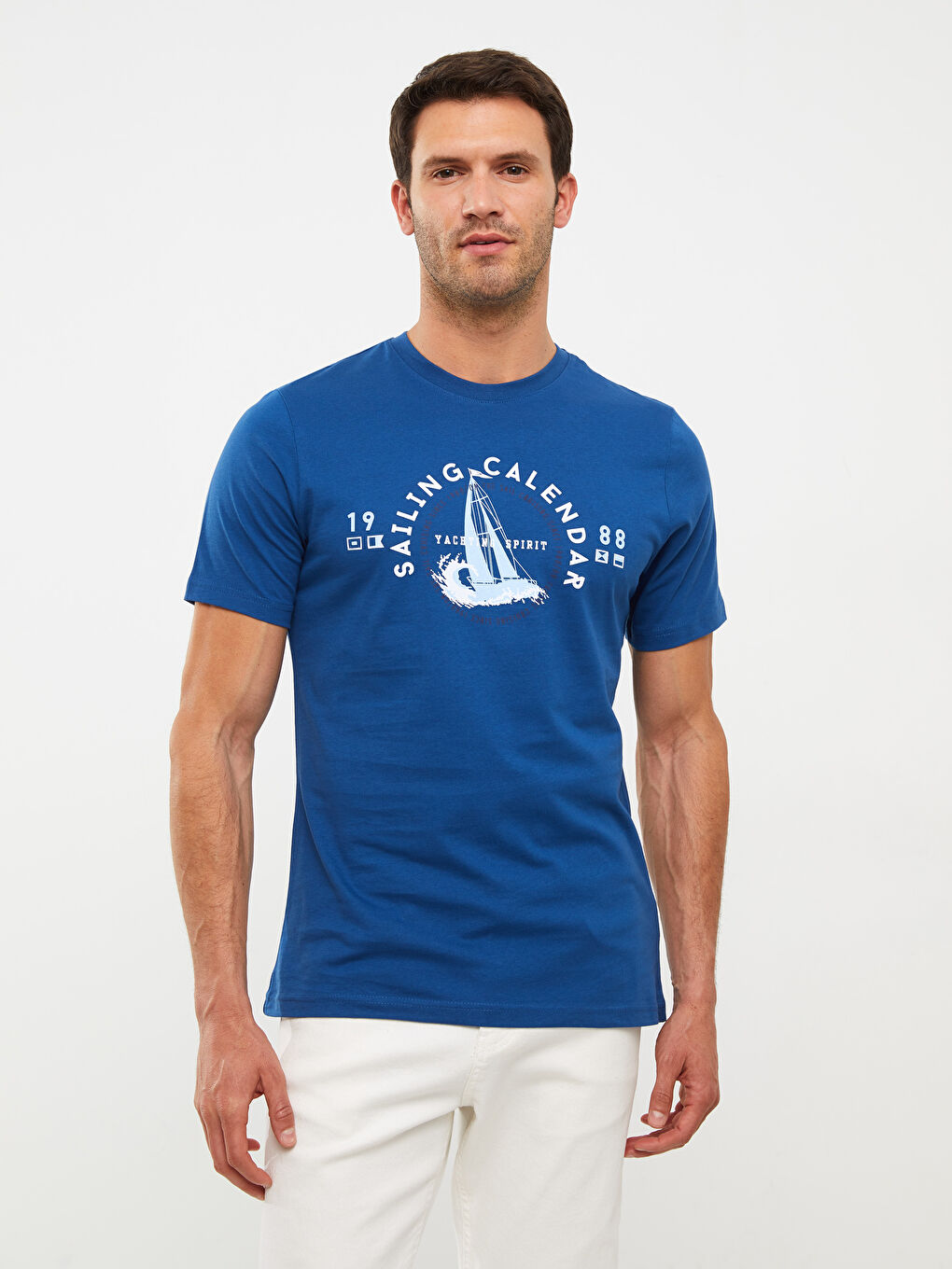 Lacivert Bisiklet Yaka Kısa Kollu Baskılı Penye Erkek Tişört