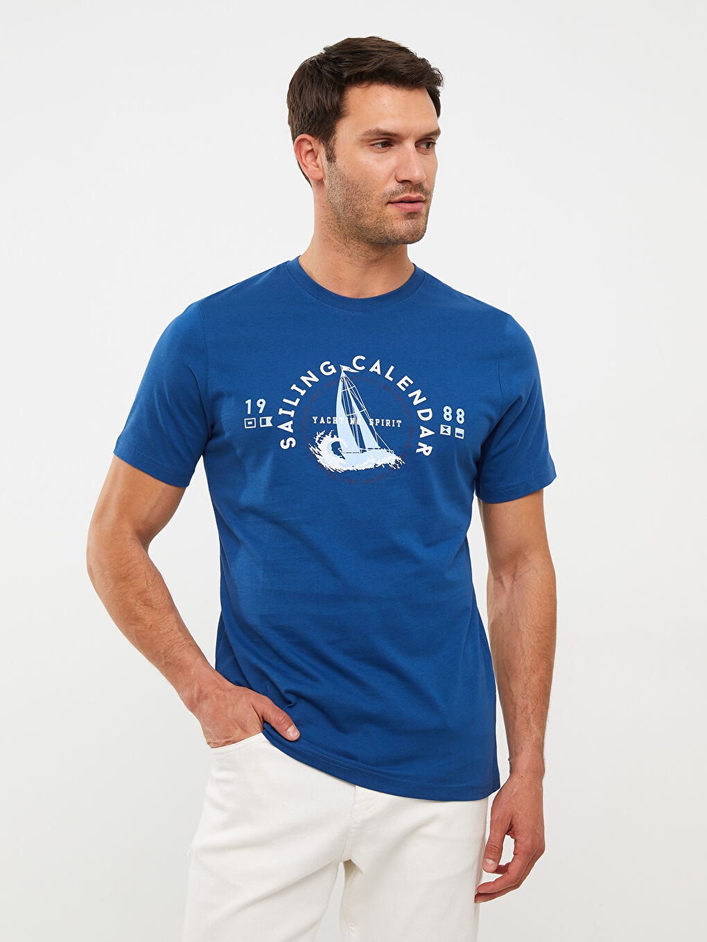 Lacivert Bisiklet Yaka Kısa Kollu Baskılı Penye Erkek Tişört-1